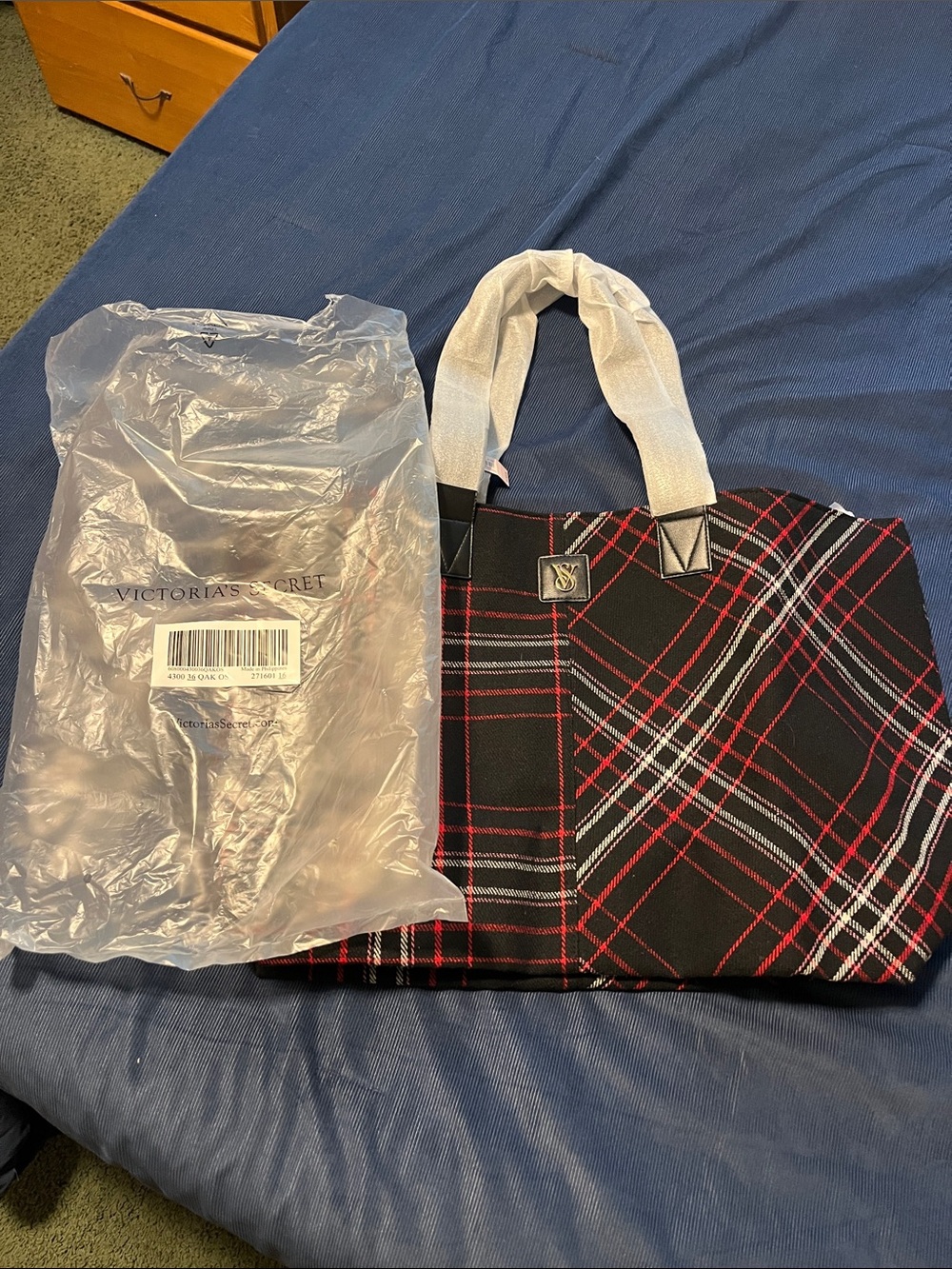 Victoria's Secret Black Plaid Tote with Red & White Trim